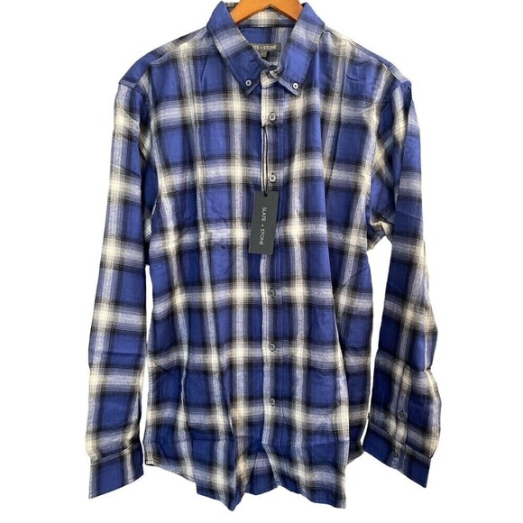 SLATE & STONE Men’s Large Cotton FLANNEL Long Sleeve Shirt Blue Plaid NEW - Picture 1 of 9